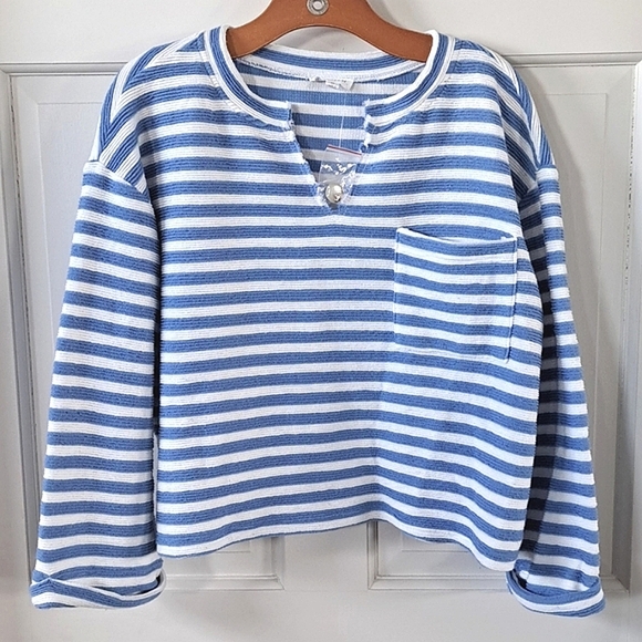 Blu Pepper Sweaters - Blu Pepper Oversized Cropped Textured Boxy Blue White Striped Pullover Sweater